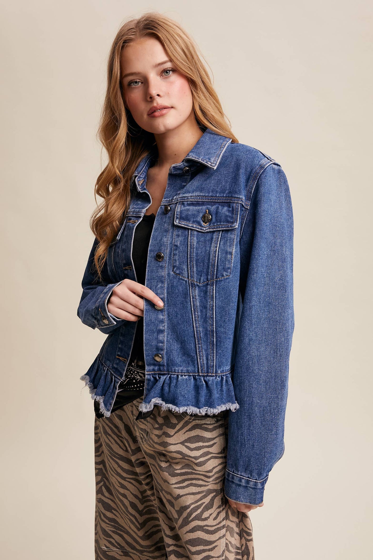 Listicle - Ruffled Hem Denim Jacket