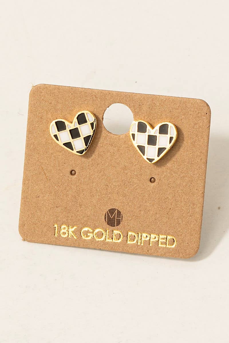 Gold Dipped Epoxy Checkered Heart Stud Earrings Fame Accessories