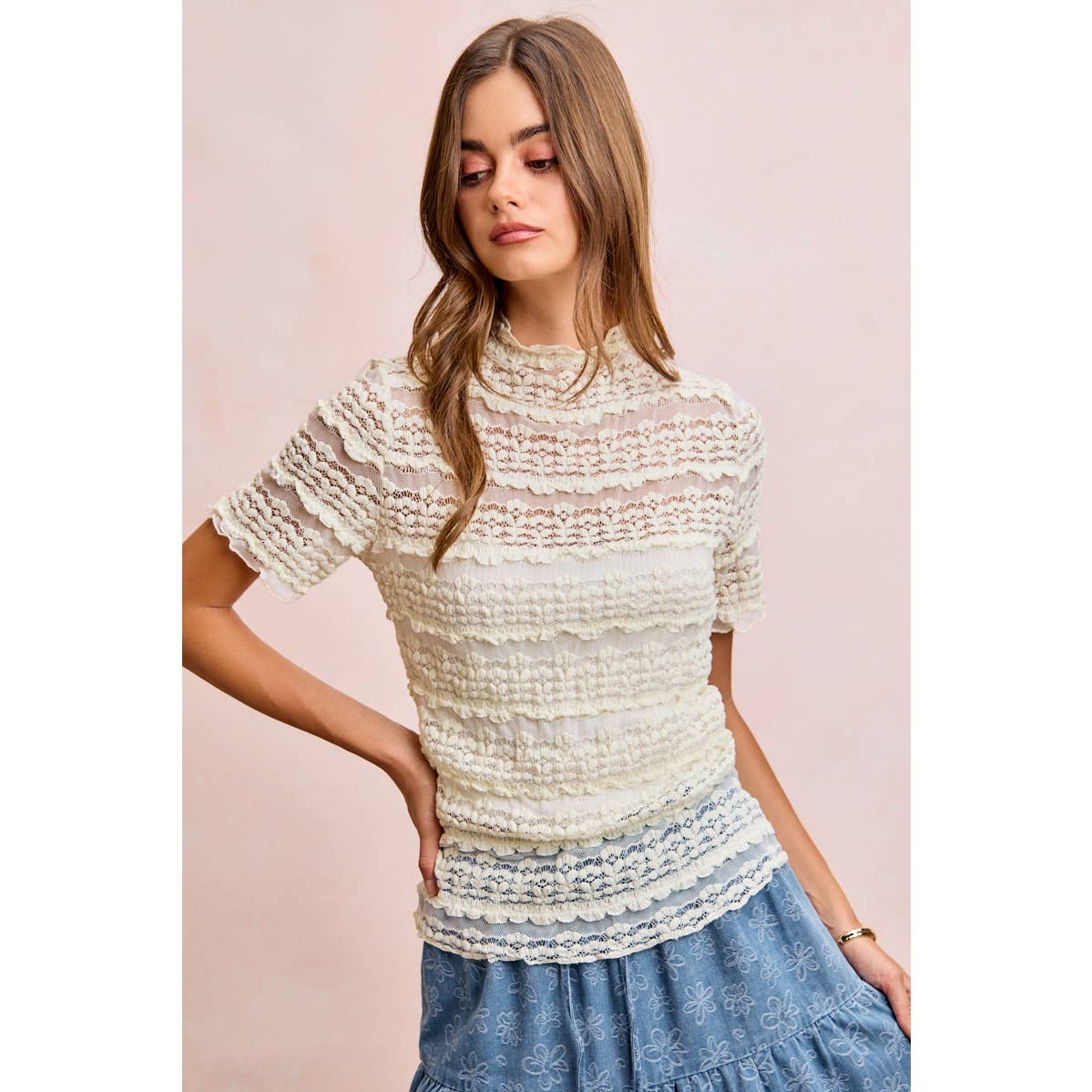Short Sleeve Ruffle Floral Lace Top