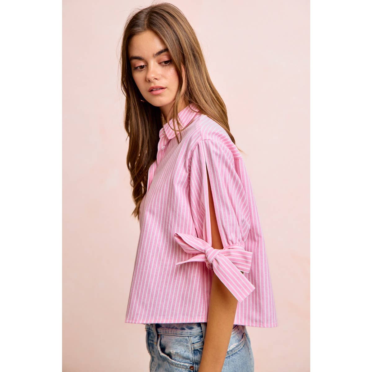 Stripe Woven Button-Up Top with Tied Sleeves