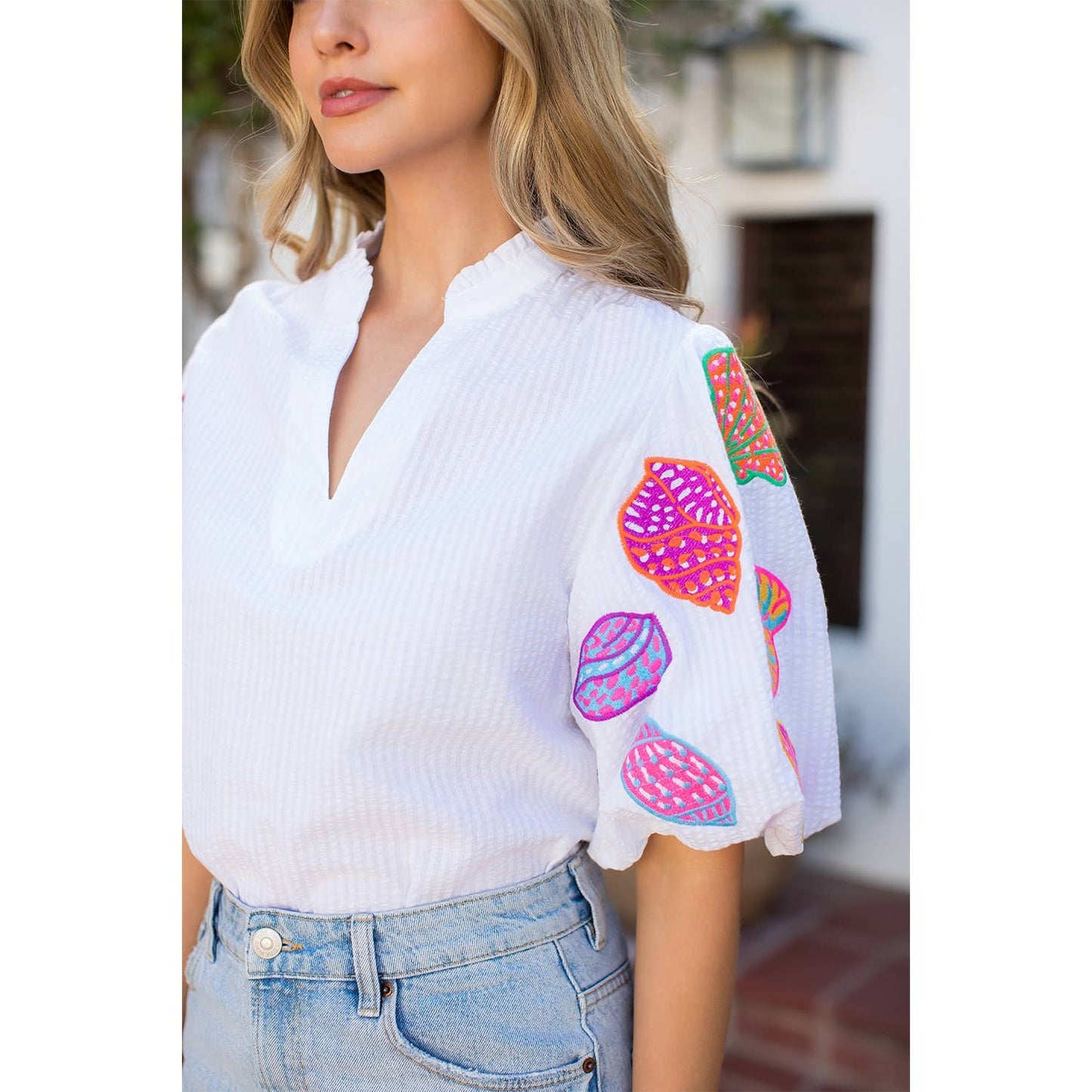 Embroidered Puff Sleeve Stripe Top THML