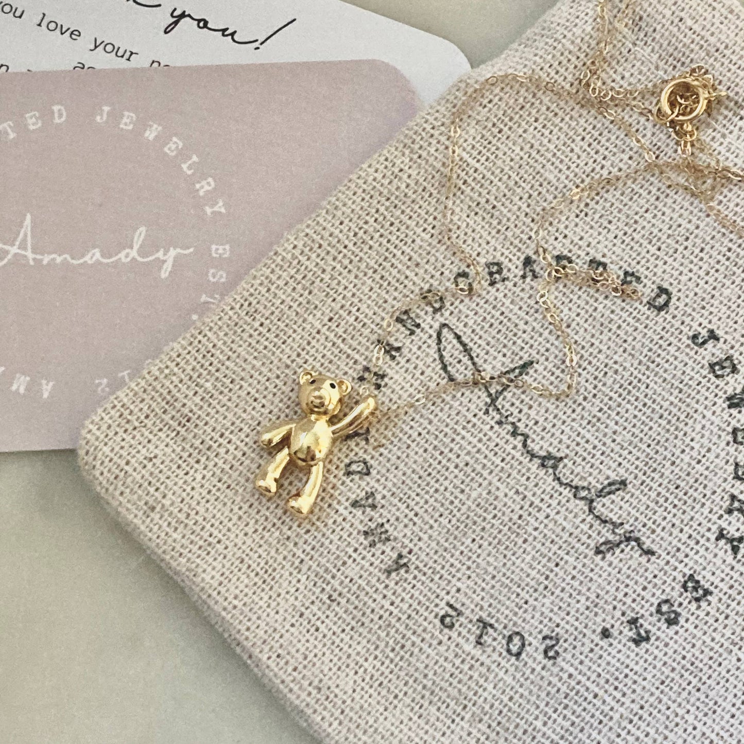 Gold Teddy Bear Charm Pendant Necklace | 18K Gold