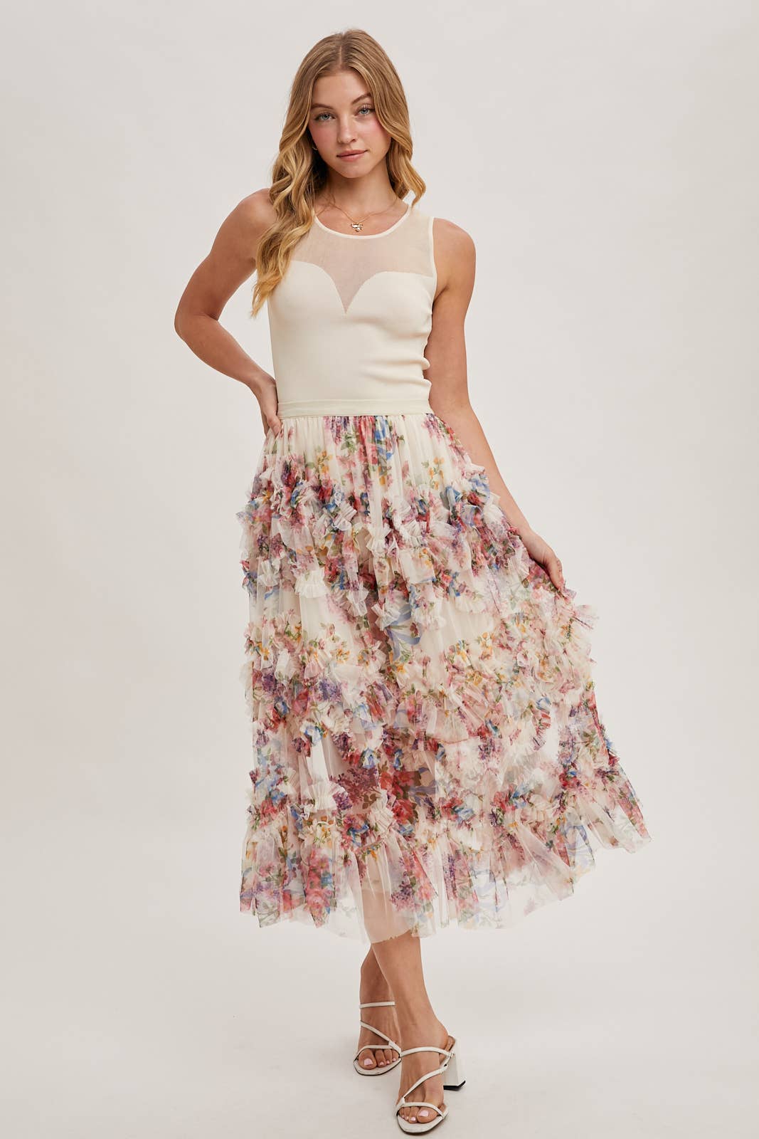 FLORAL RUFFLED MESH MIDI SKIRT Bluivy