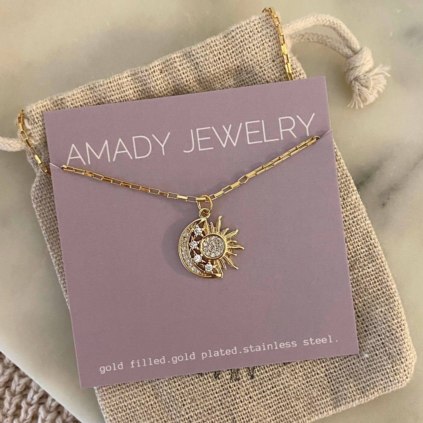 Sun Moon & Stars Charm Pendant Necklace | 18K Gold Filled