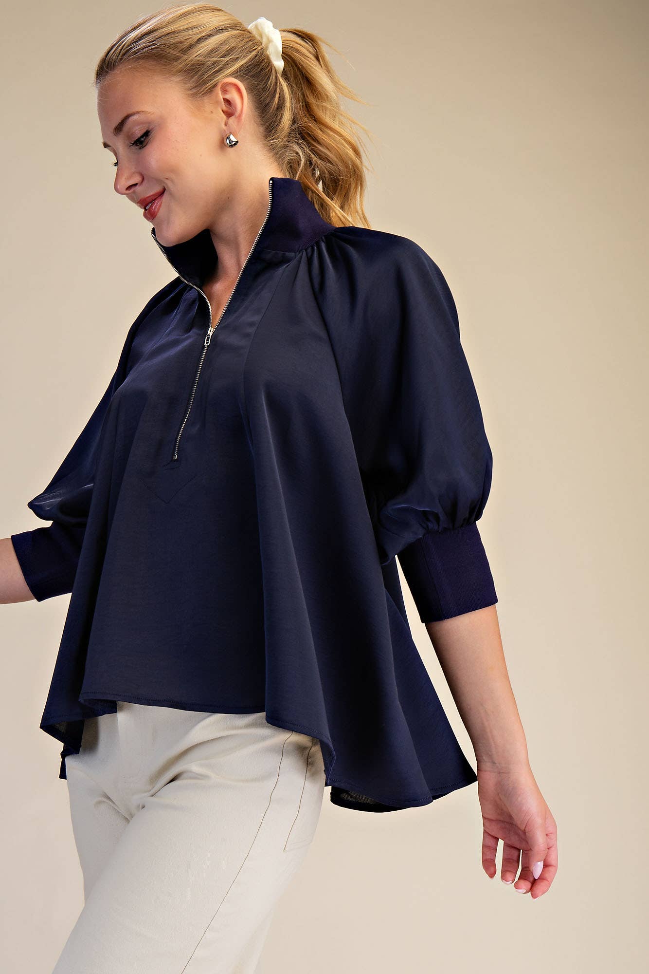 GLAM - Mock Neck Band Puff Sleeve Elegance Blouse