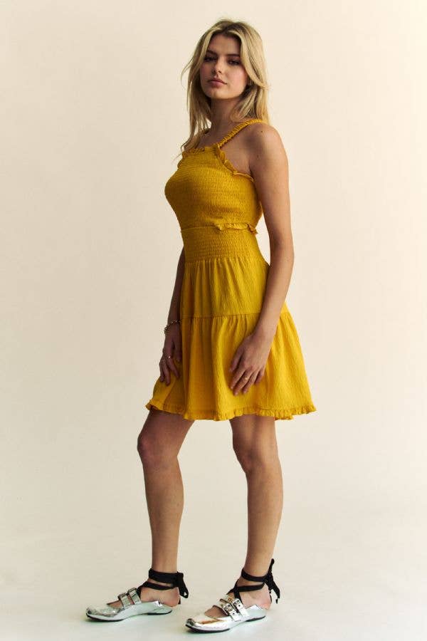 TEXTURED OPEN BACK SMOCKING CUT OUT MINI DRESS 926 WEST