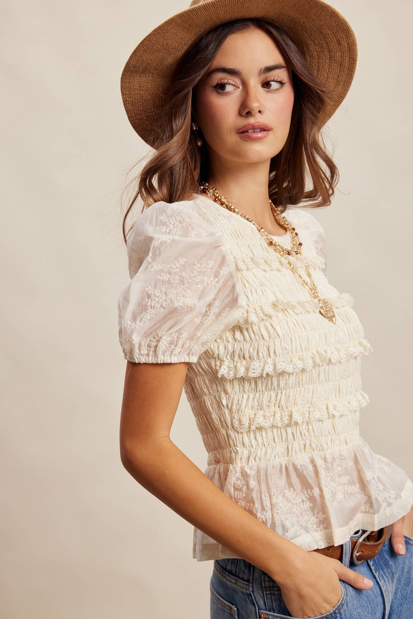 Listicle Smocked Lace Puff Sleeve Top