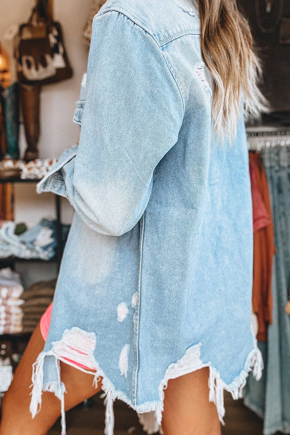 Light Wash Distressed Frayed Long Denim Jacket 926 WEST