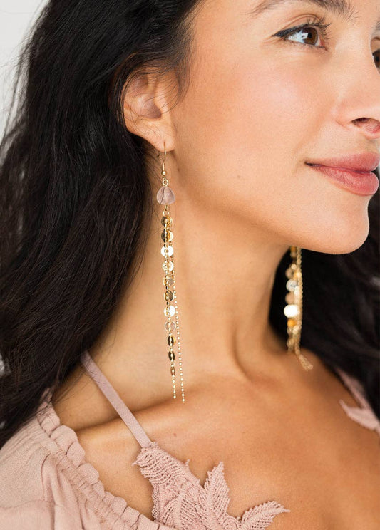 Sagitta Rose Quartz Gold Chain Earrings