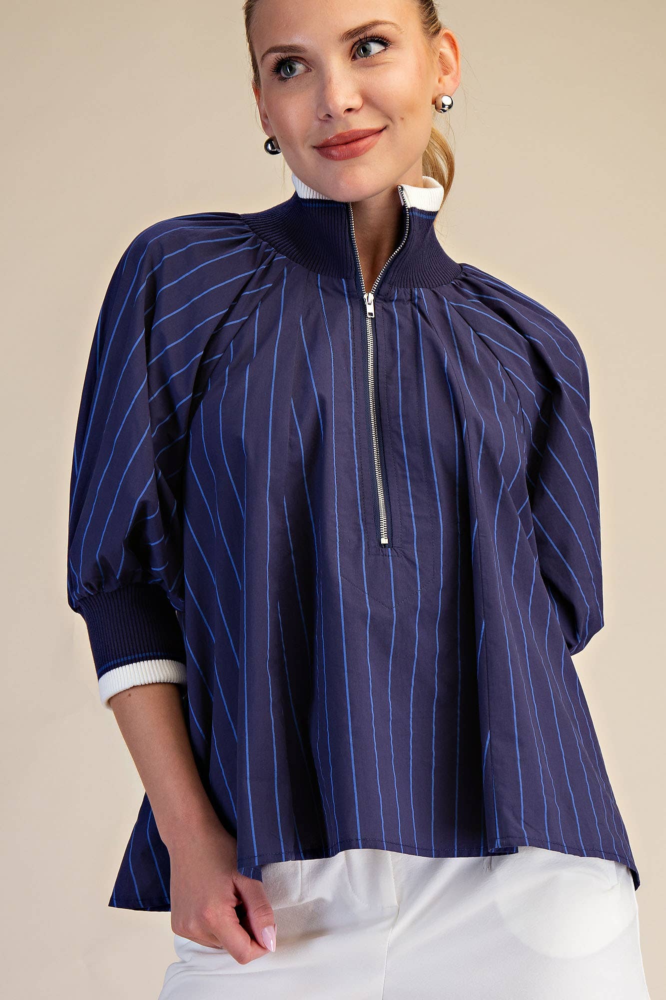 GLAM - Mock Neck Band Puff Sleeve Blouse