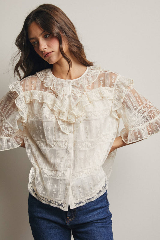 Embroidered Ruffle Lace Blouse - 926 West