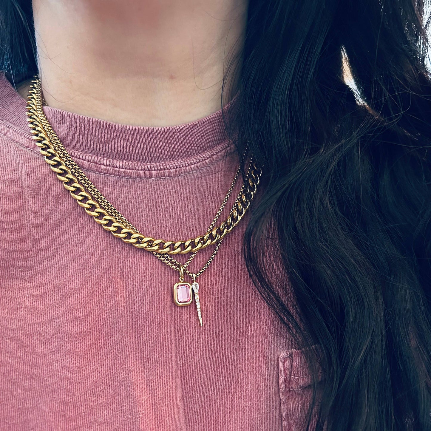 Pink Crystal Pendant Necklace | 18K Gold Plated Box Chain