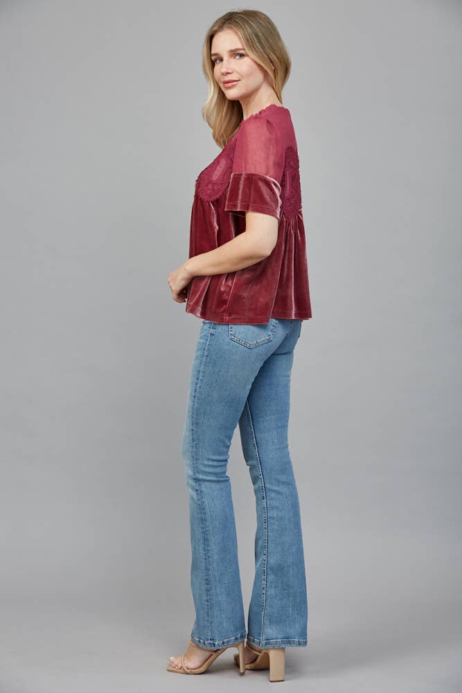 LACE DETAIL VELVET BABYDOLL TOP FATE