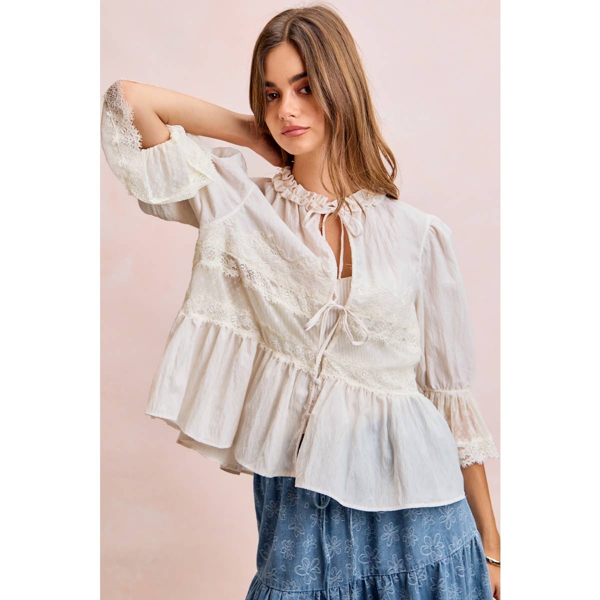 Lace Detail Front Tie Peplum Blouse