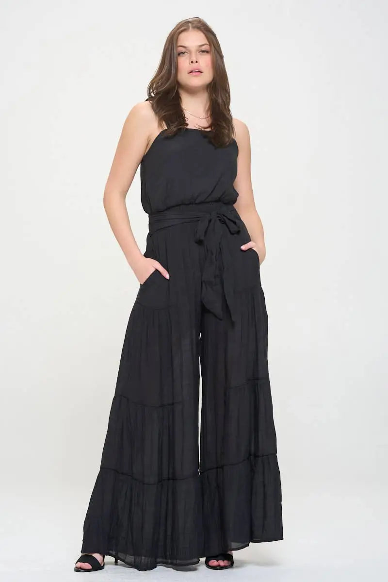 Women's Black ELASTIC STRAP TIERED JUMPSUIT 926 West