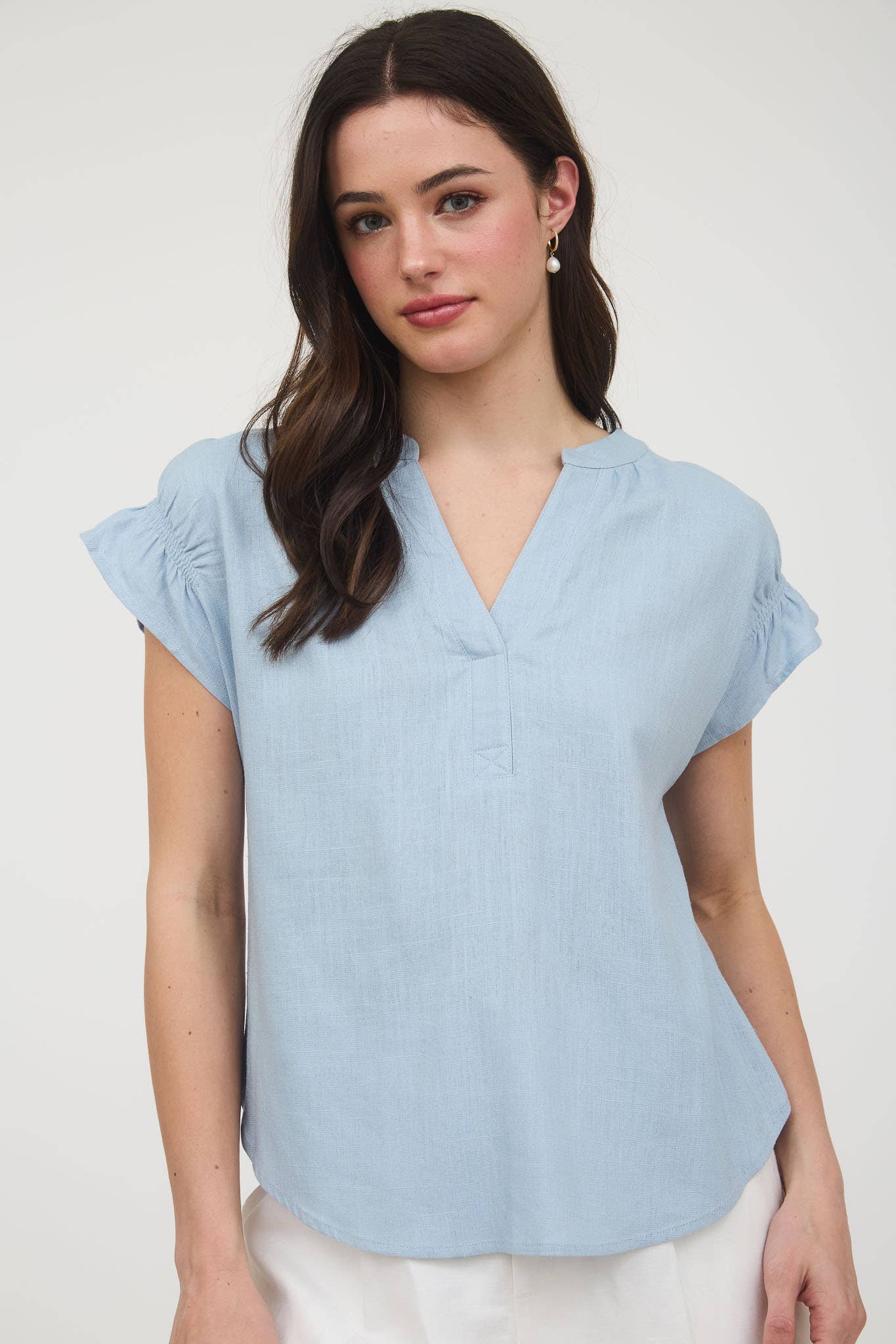 Blu Pepper The Split Neck Ruched Linen Blouse