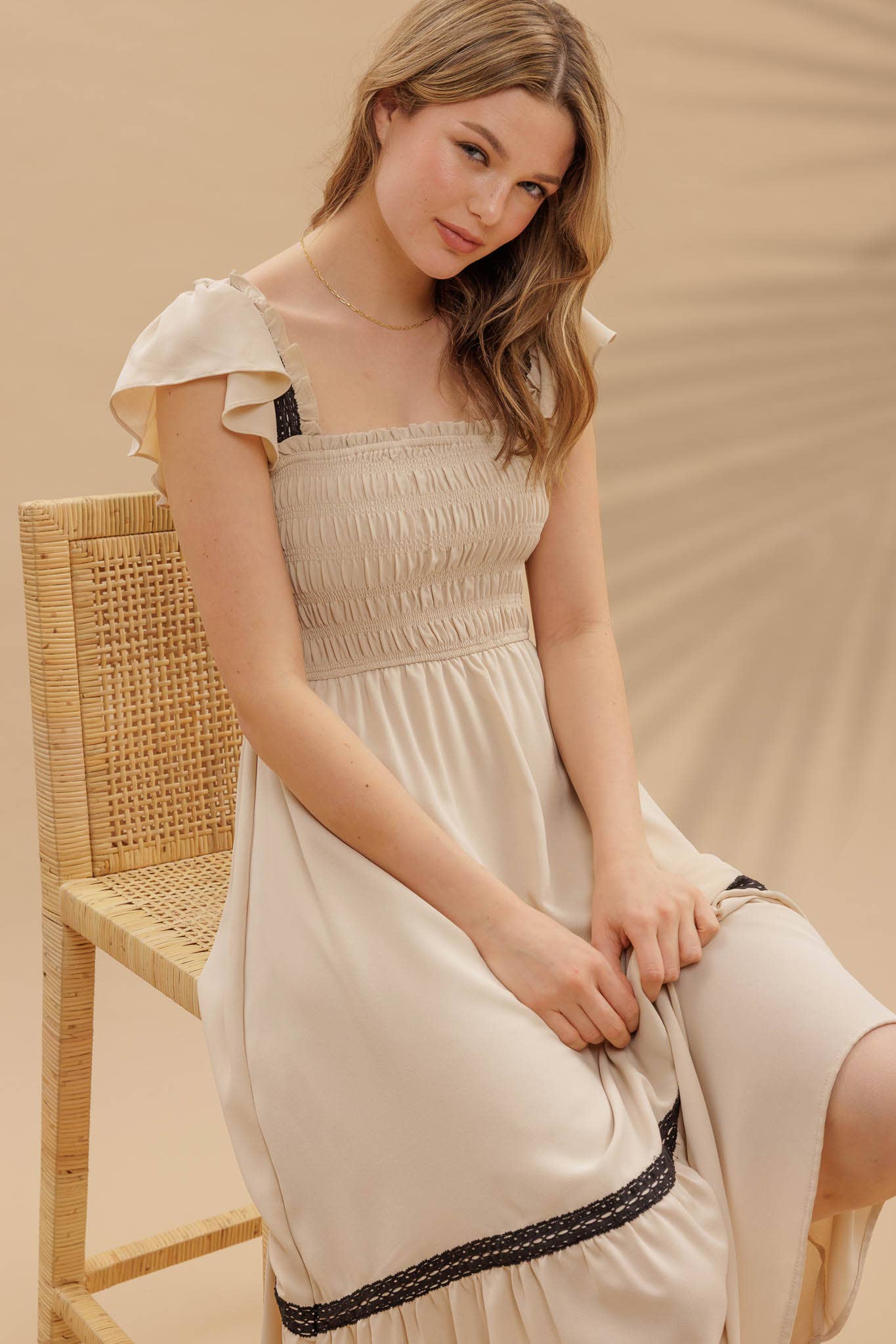 FINAL SALE- CONTRAST DETAIL SMOCKED RUFFLE MIDI DRESS 926 WEST