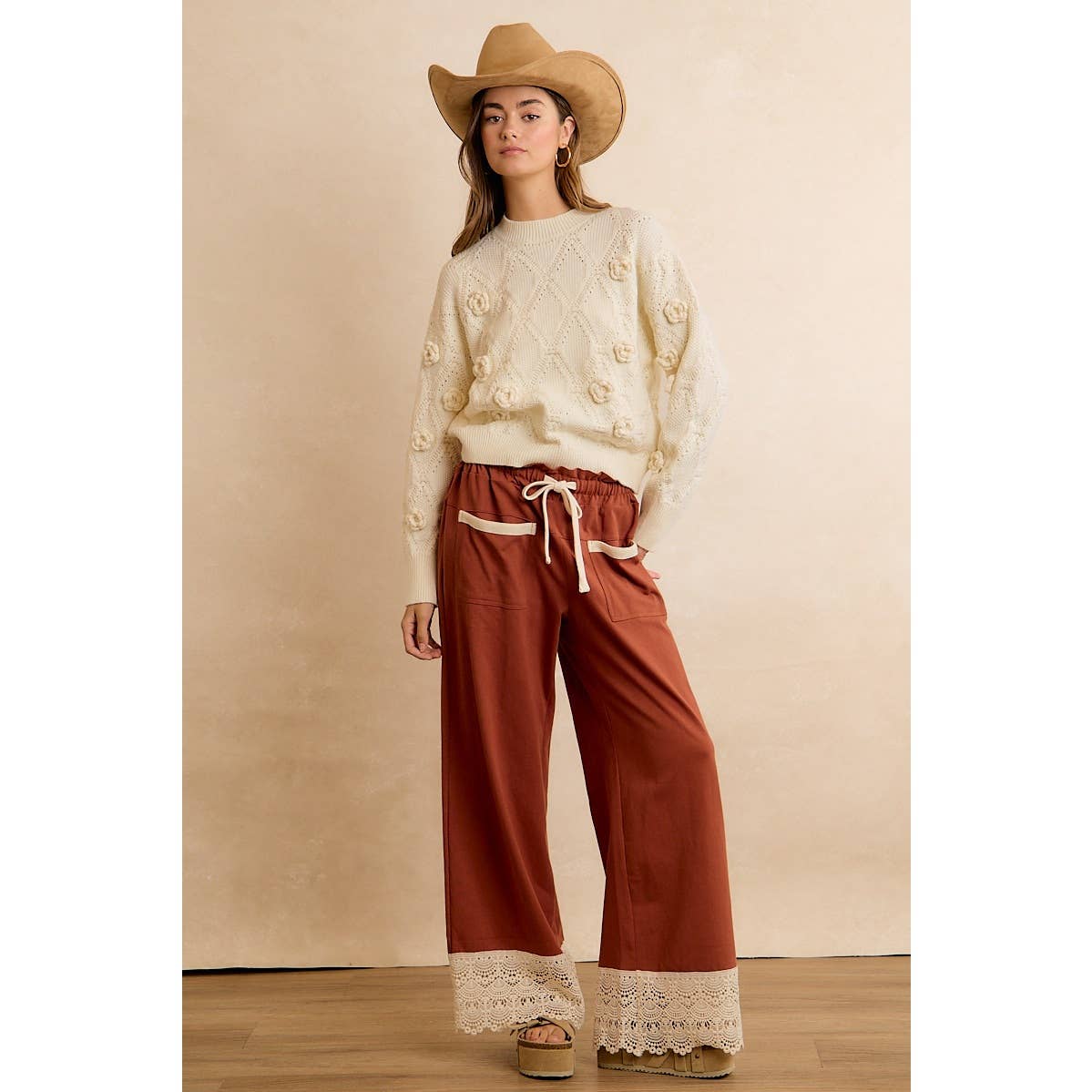 BiBi Solid Cotton Pants with Lace-Trimmed Hem