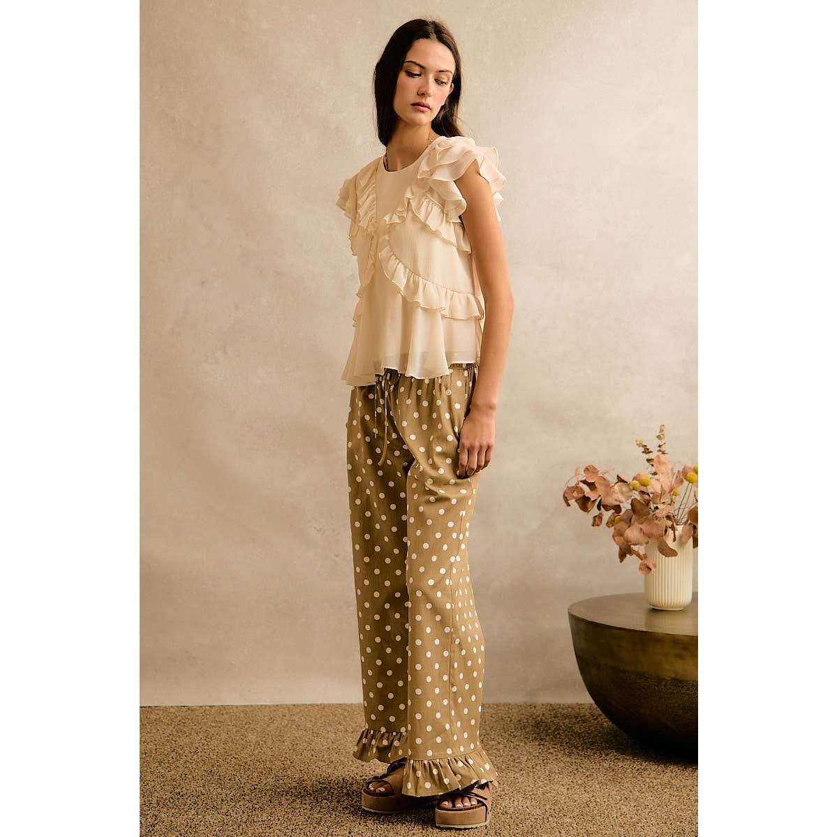 Polka Dot Print Elastic Waist Ruffle Pants
