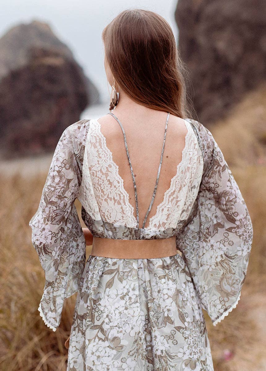 Joyfolie Sunni Lace Bell-Sleeve Maxi Dress - Neutral Hydrangea