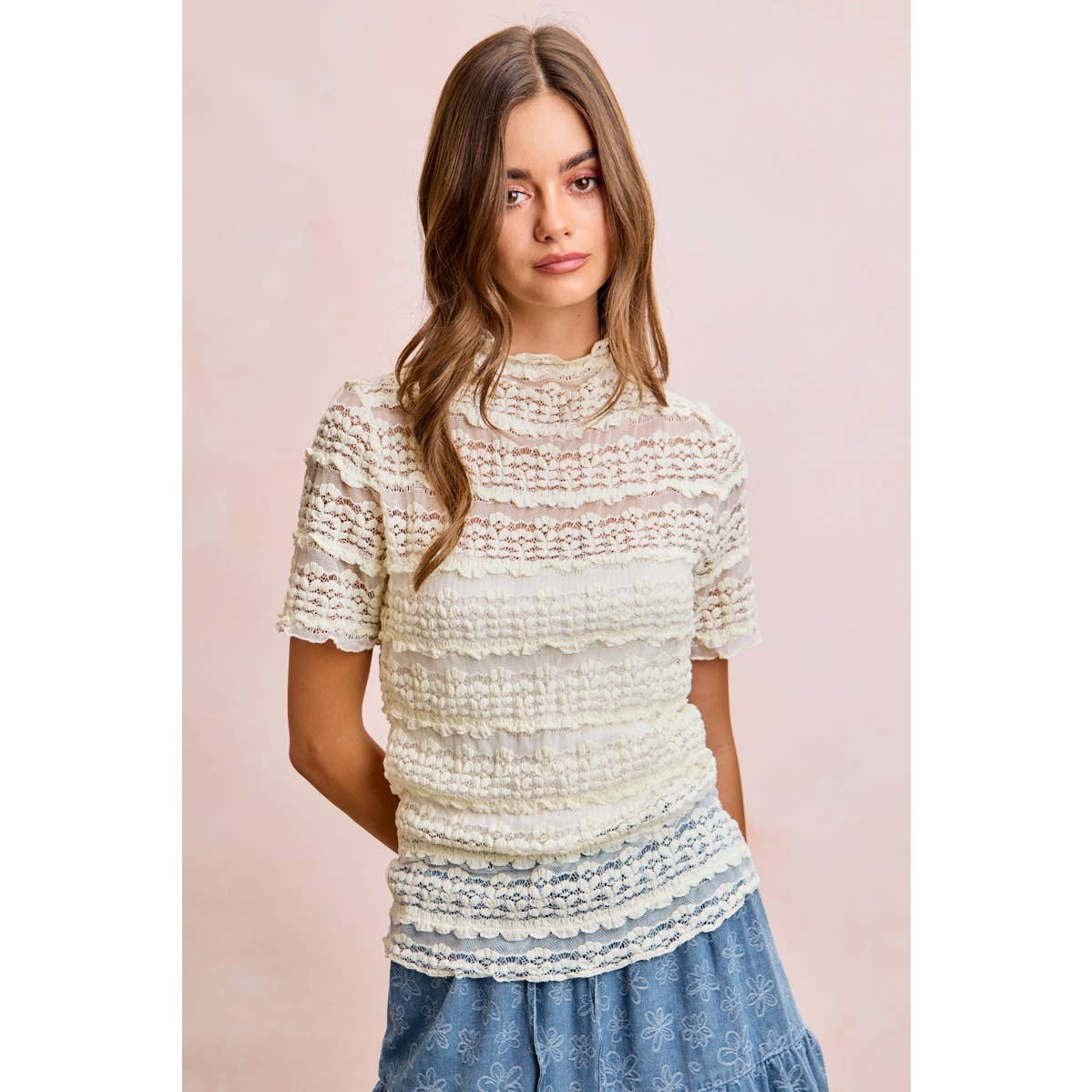 Short Sleeve Ruffle Floral Lace Top