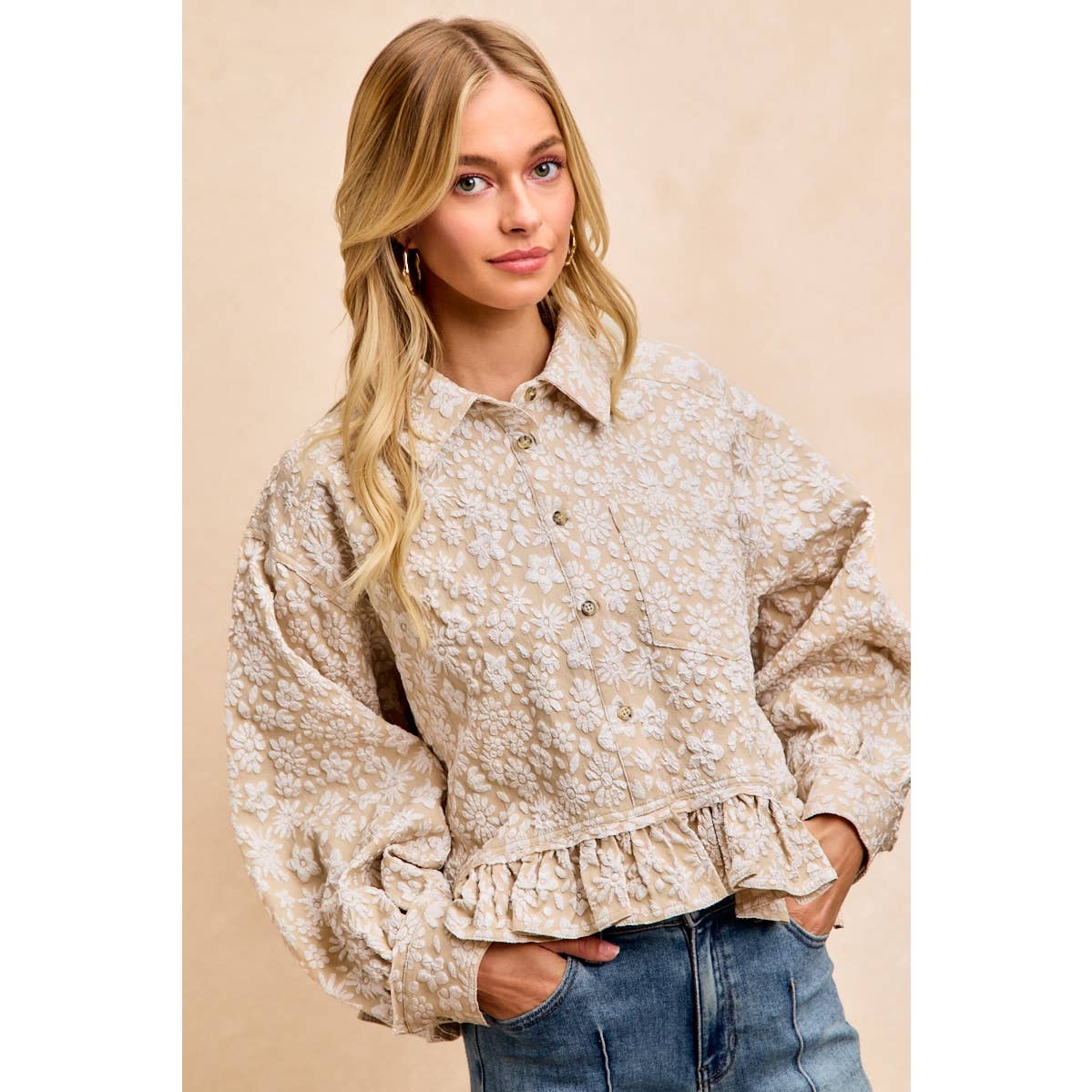 Textured Floral Ruffled Hem Button-Up Top