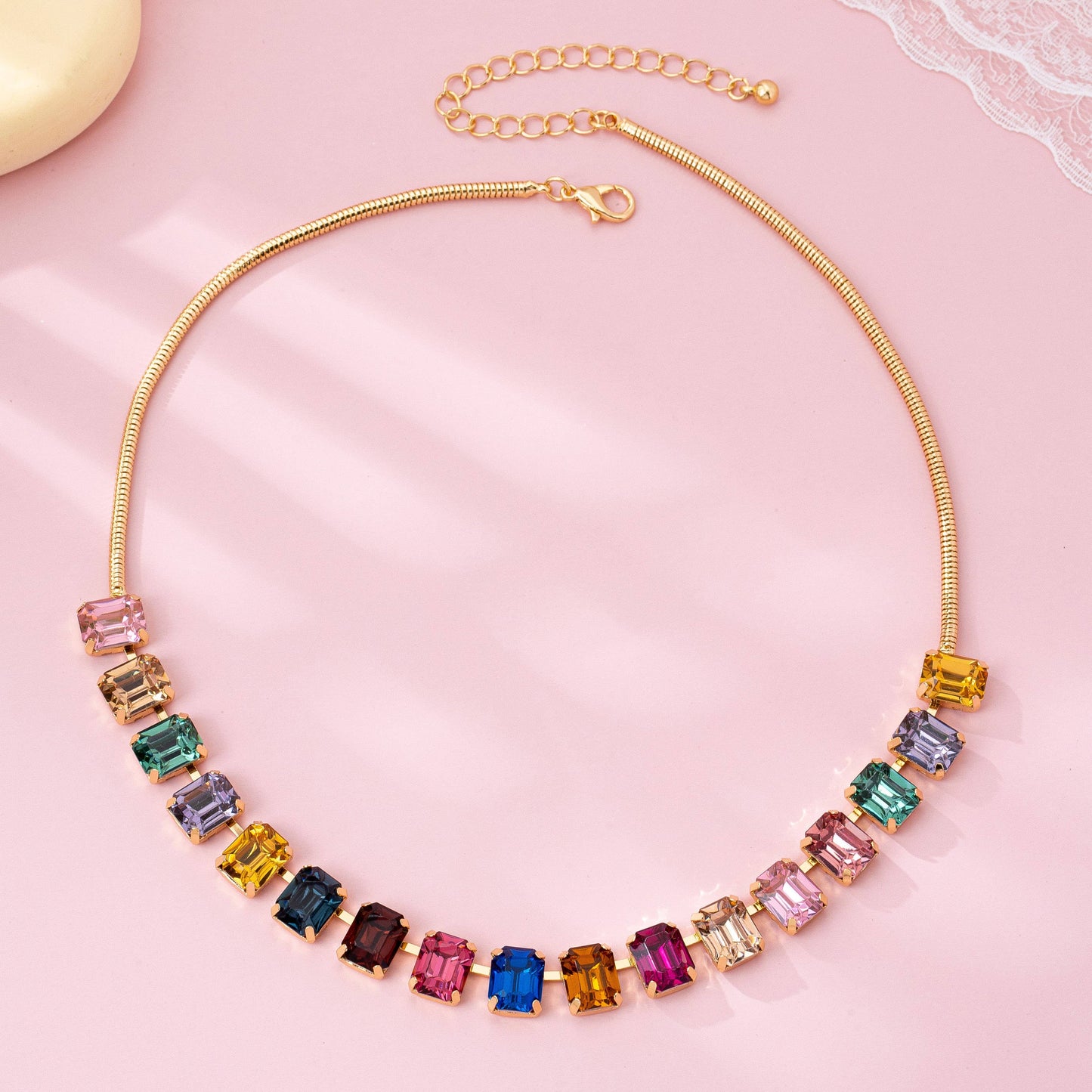Rainbow Emerald-Cut Gemstone Statement Necklace