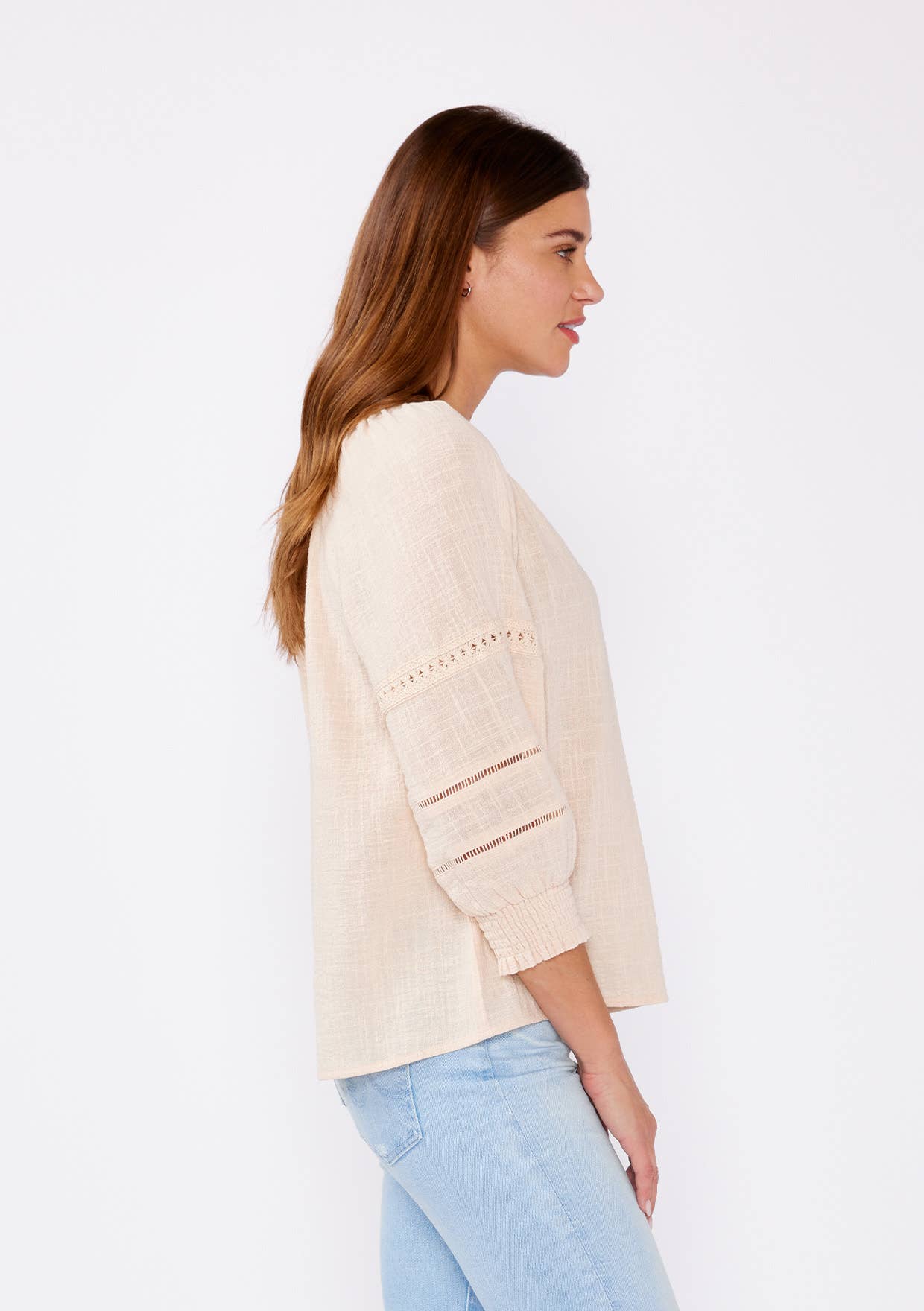 Smocked 3/4 Sleeve Lace Trim Blouse 926 WEST