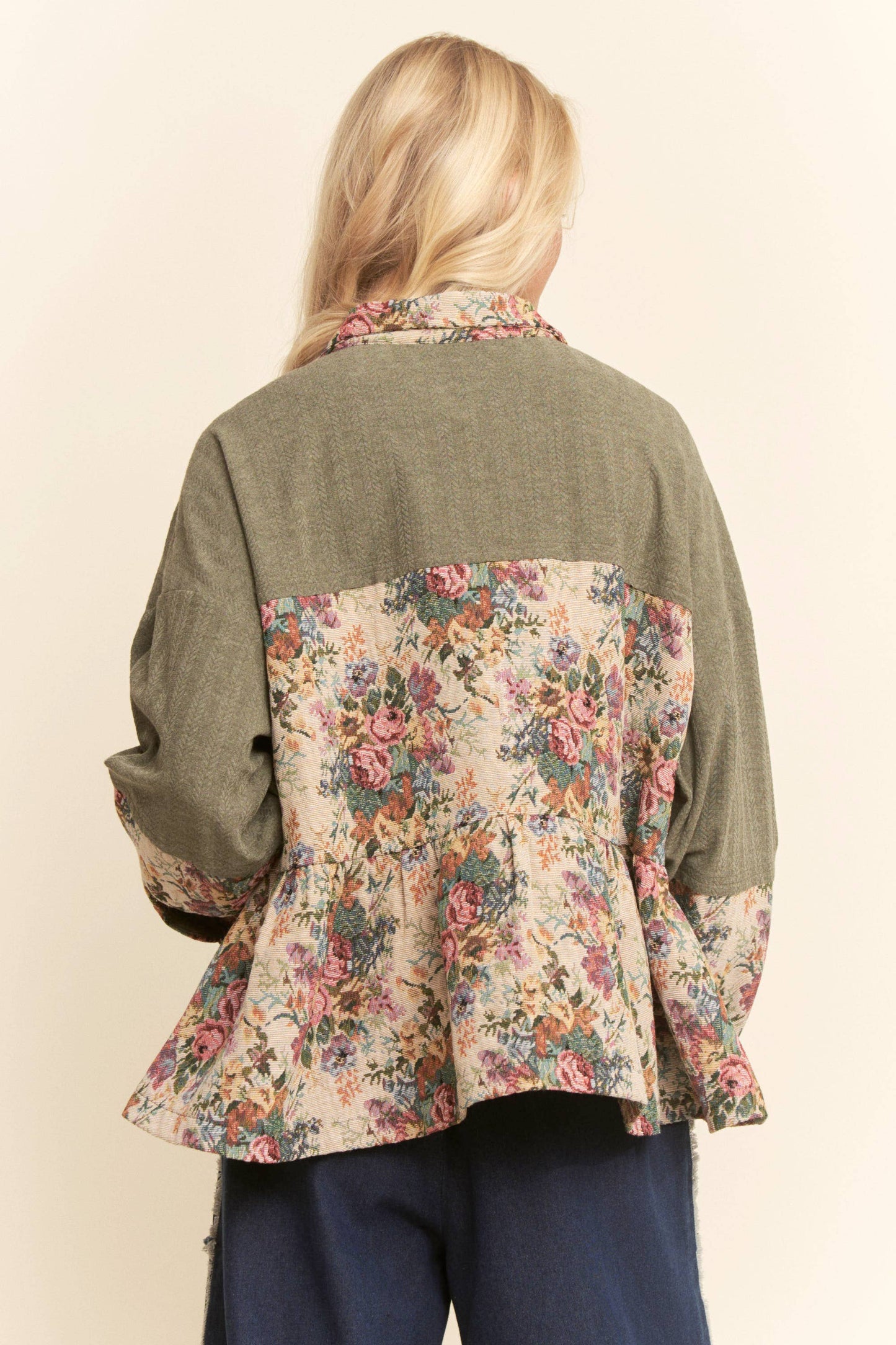 GARDEN KNIT BLOCKED BUTTON FRONT PEPLUM SHIRT