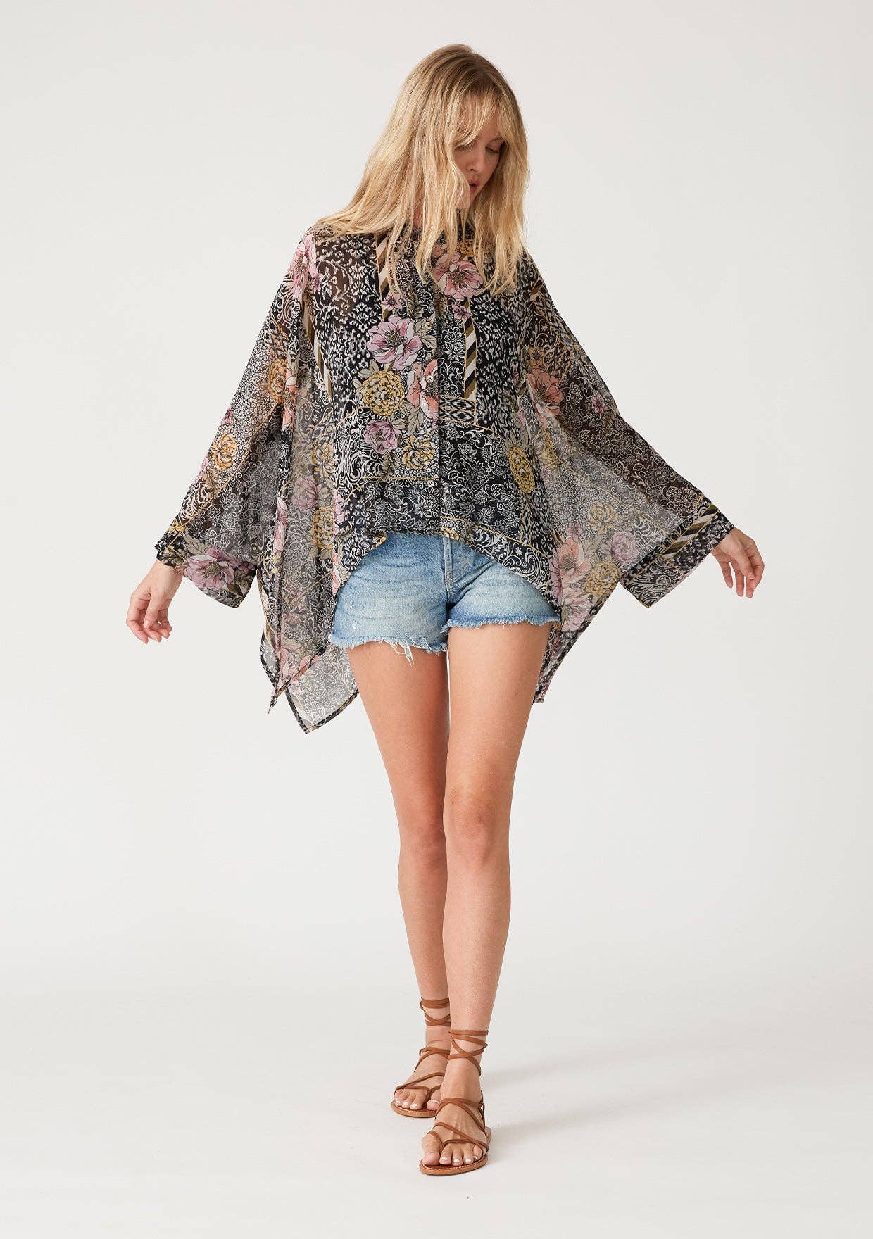 Sheer Floral Asymmetric Button Front Blouse 926 WEST