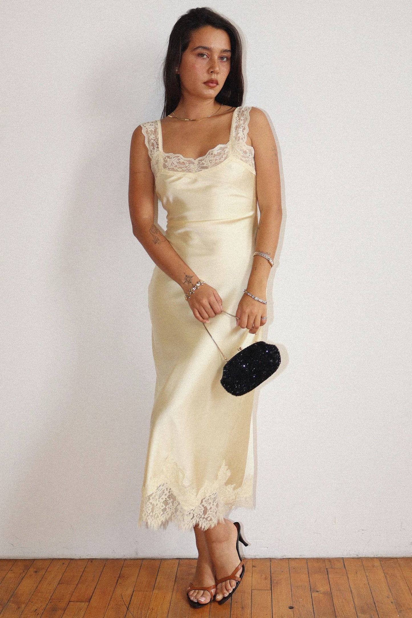 Lace Trim Satin Midi Dress
