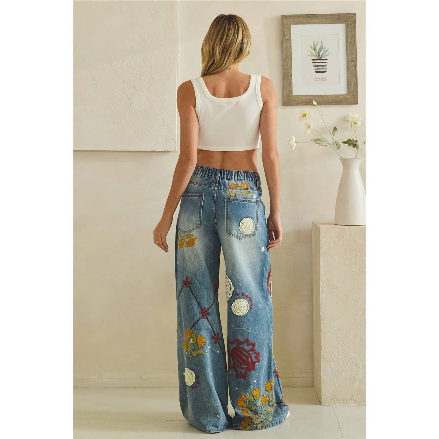 Oli & Hail - WASHED EMBROIDERY WIDE LEG DENIM PANTS