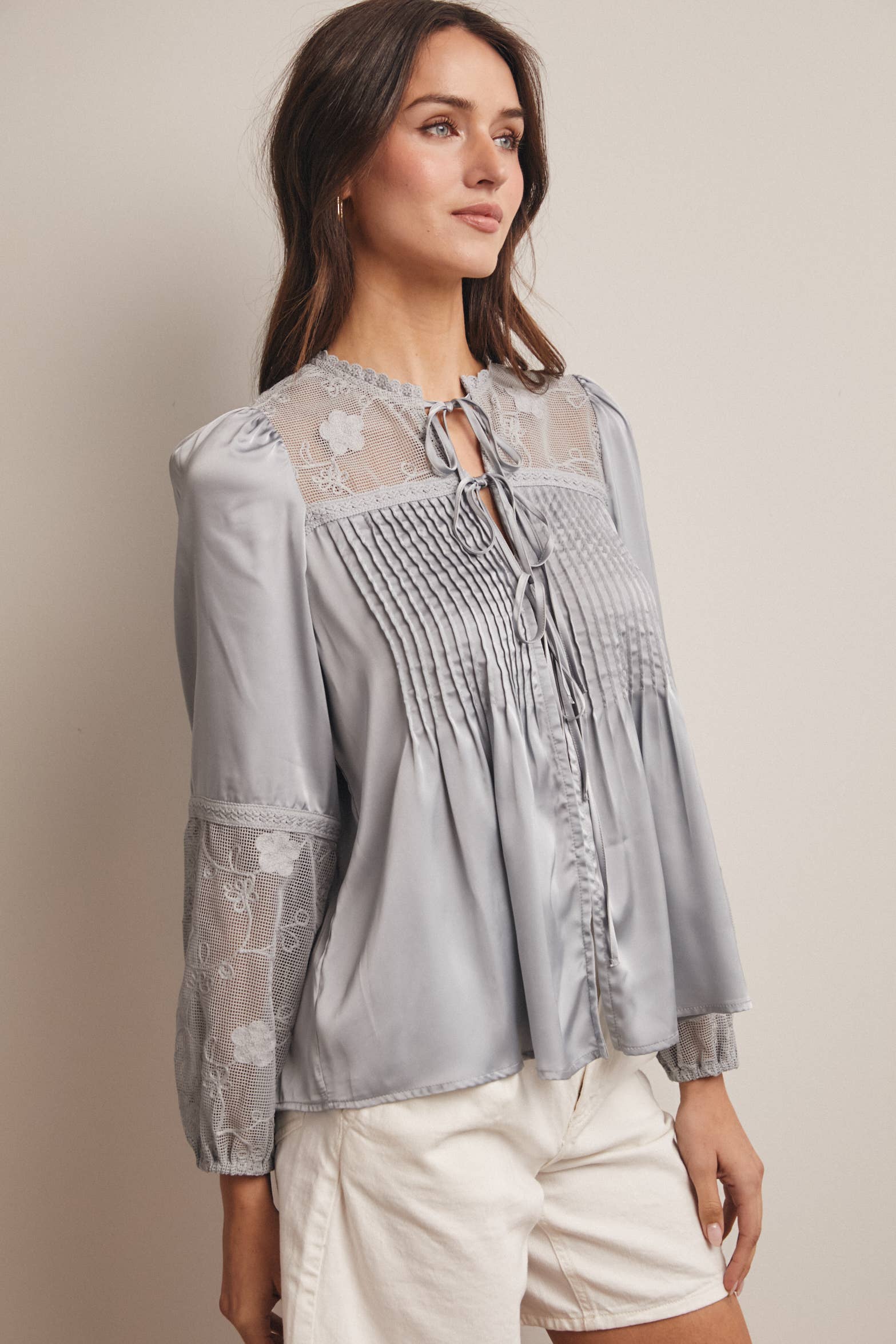 Embroidered Lace Tie-Front Blouse - 926 West