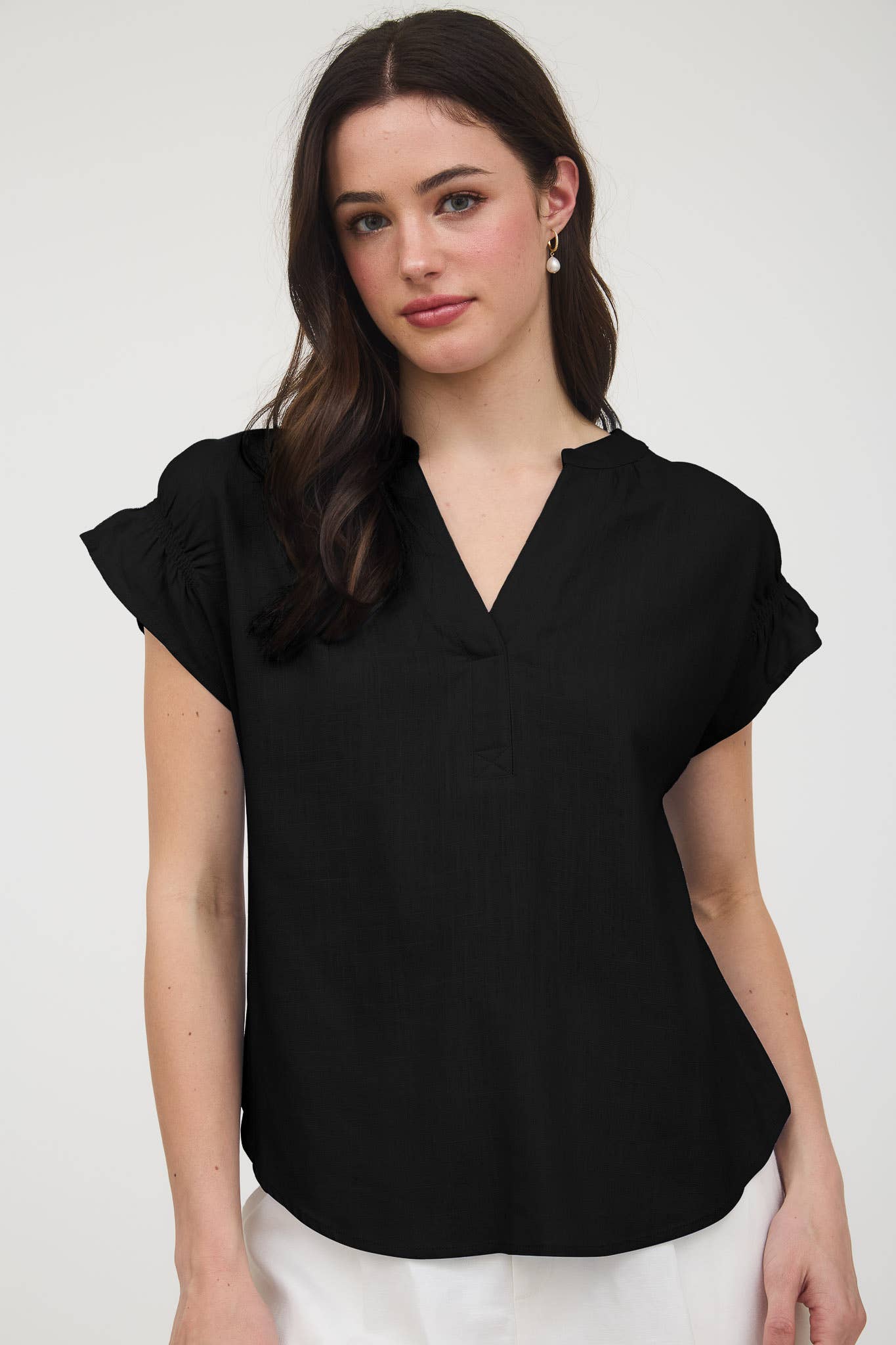 Blu Pepper The Split Neck Ruched Linen Blouse