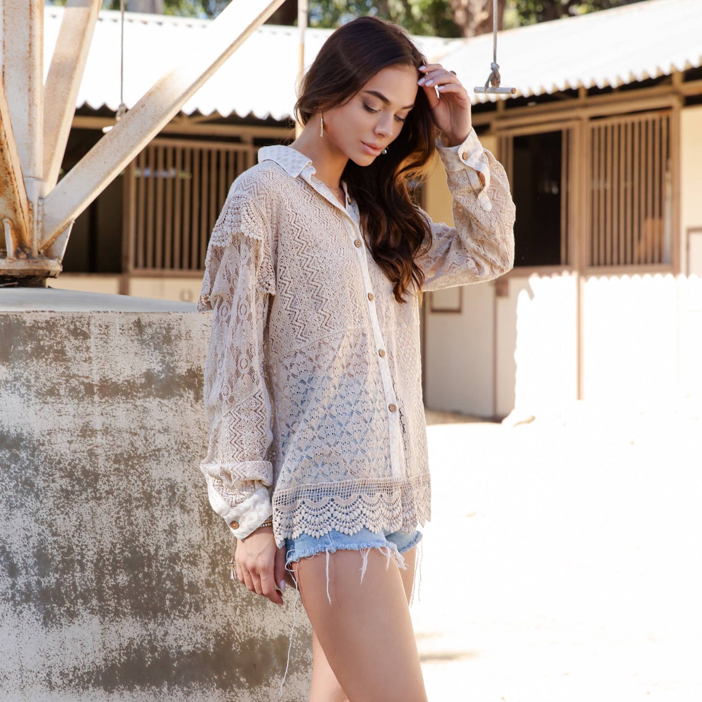 Desert Dream Rhapsody Shirt All Lace Ruffle Shoulder