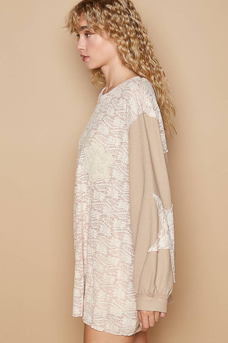 Round neck long sleeve crochet patches solid top 926 WEST