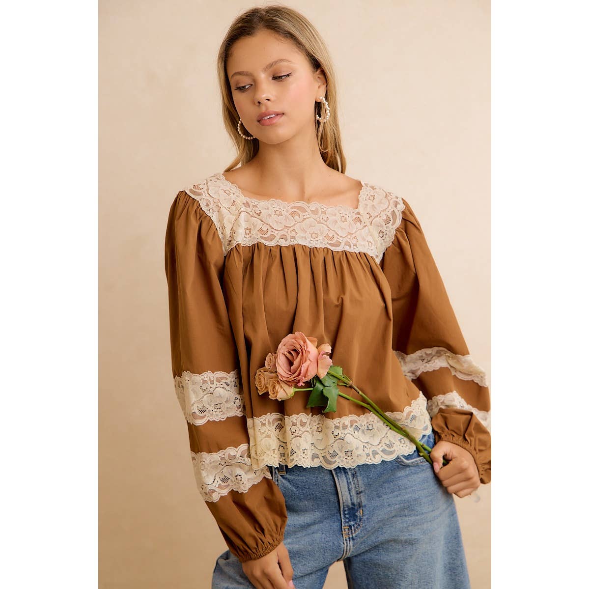 BiBi Camel Lace-Trim Balloon Sleeve Blouse