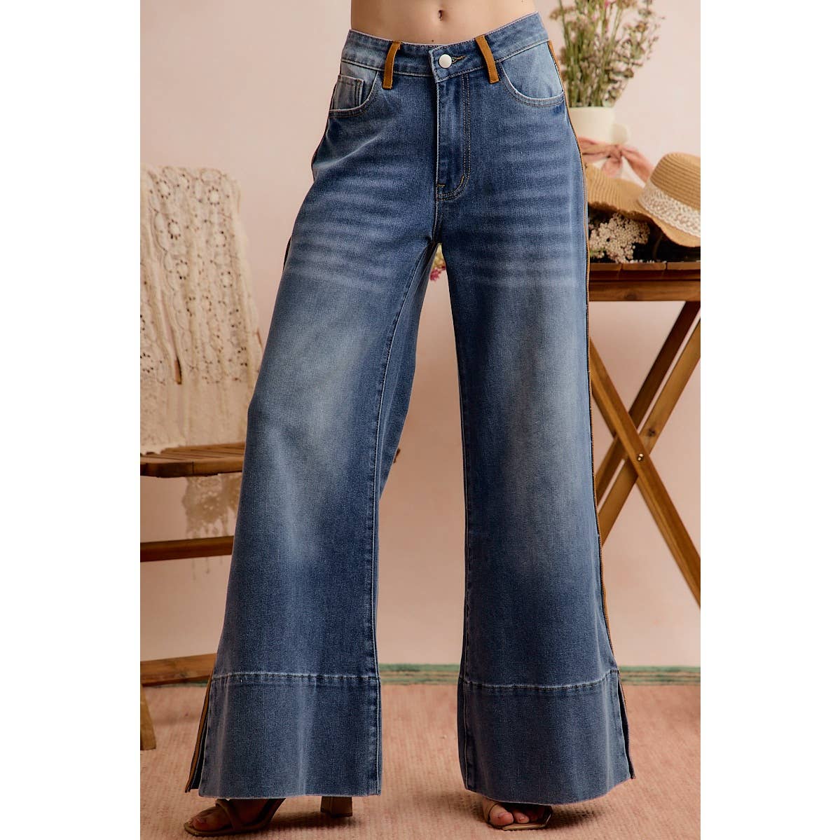 Wide-Leg Flare Washed Denim Jeans with Side-Seam Detail