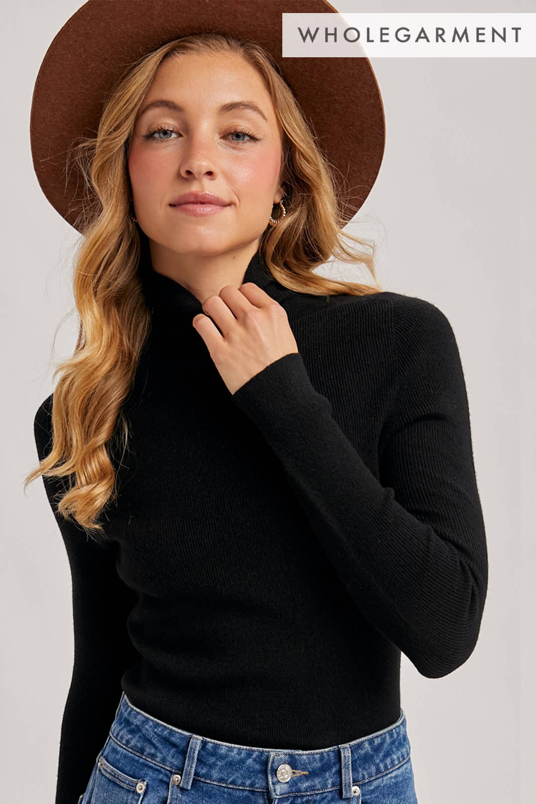 WHOLEGARMENT MOCK NECK RIBBED KNIT SWEATER Bluivy