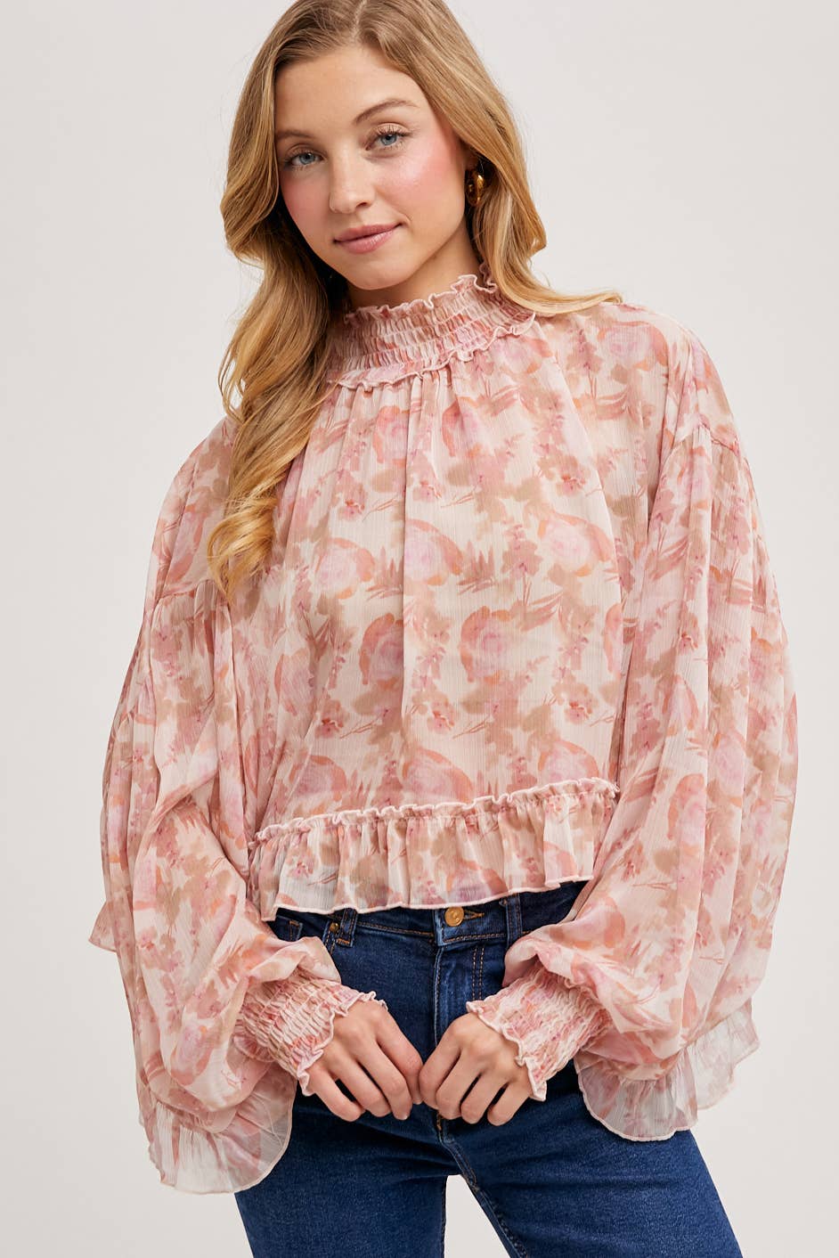 FLORAL PRINT RUFFLED MOCK NECK DOLMAN SLEEVE CHIFFON TOP Bluivy
