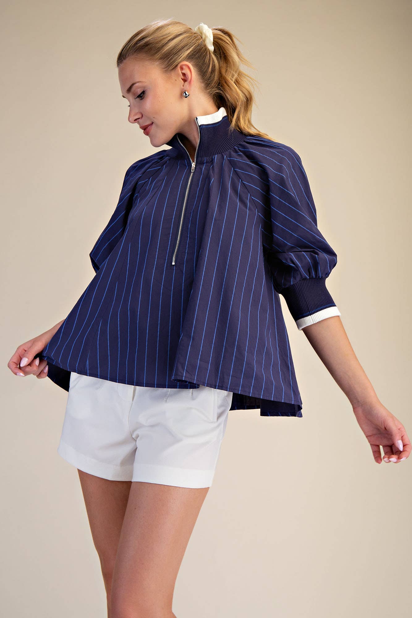 GLAM - Mock Neck Band Puff Sleeve Blouse