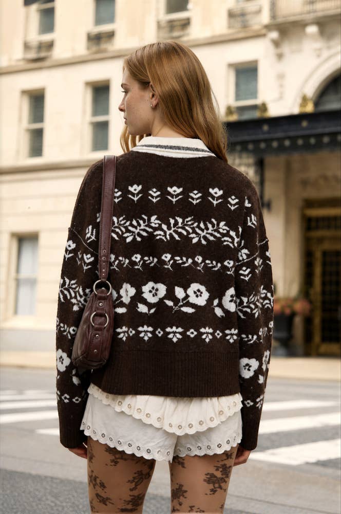 Floral Jacquard Contrast-Collar Cardigan
