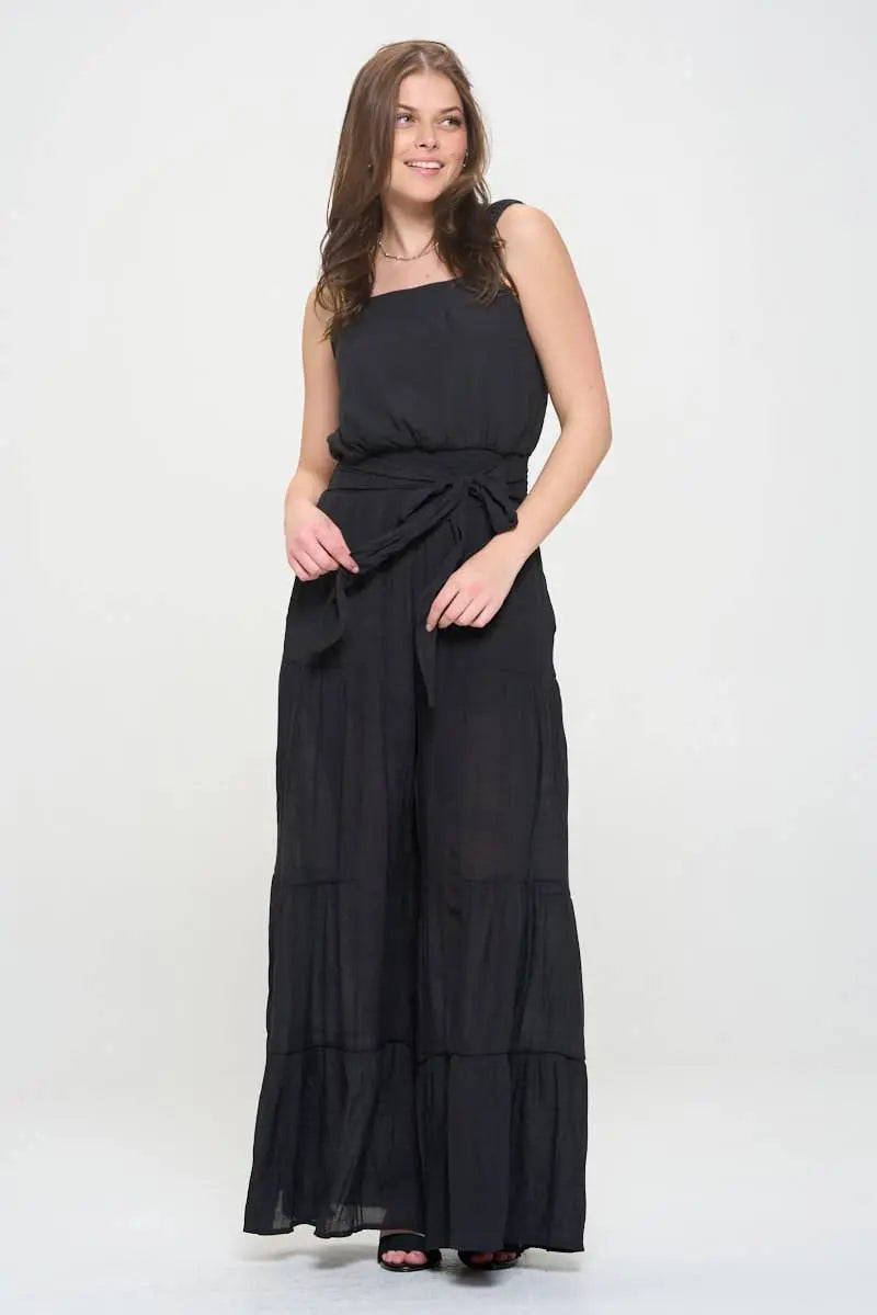 Women's Black ELASTIC STRAP TIERED JUMPSUIT 926 West