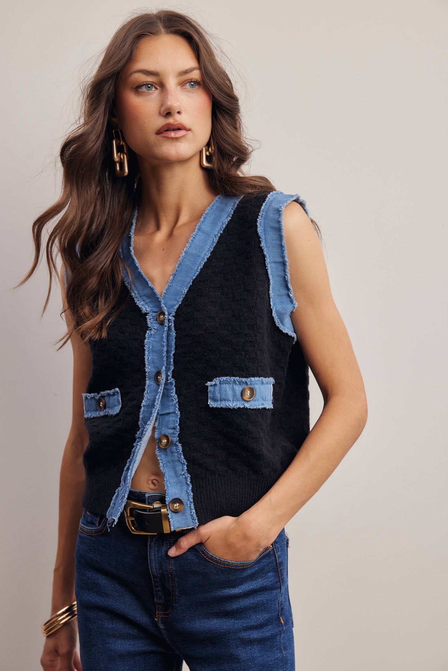 Your Favorite Denim Trim Knit Vest - 926 West
