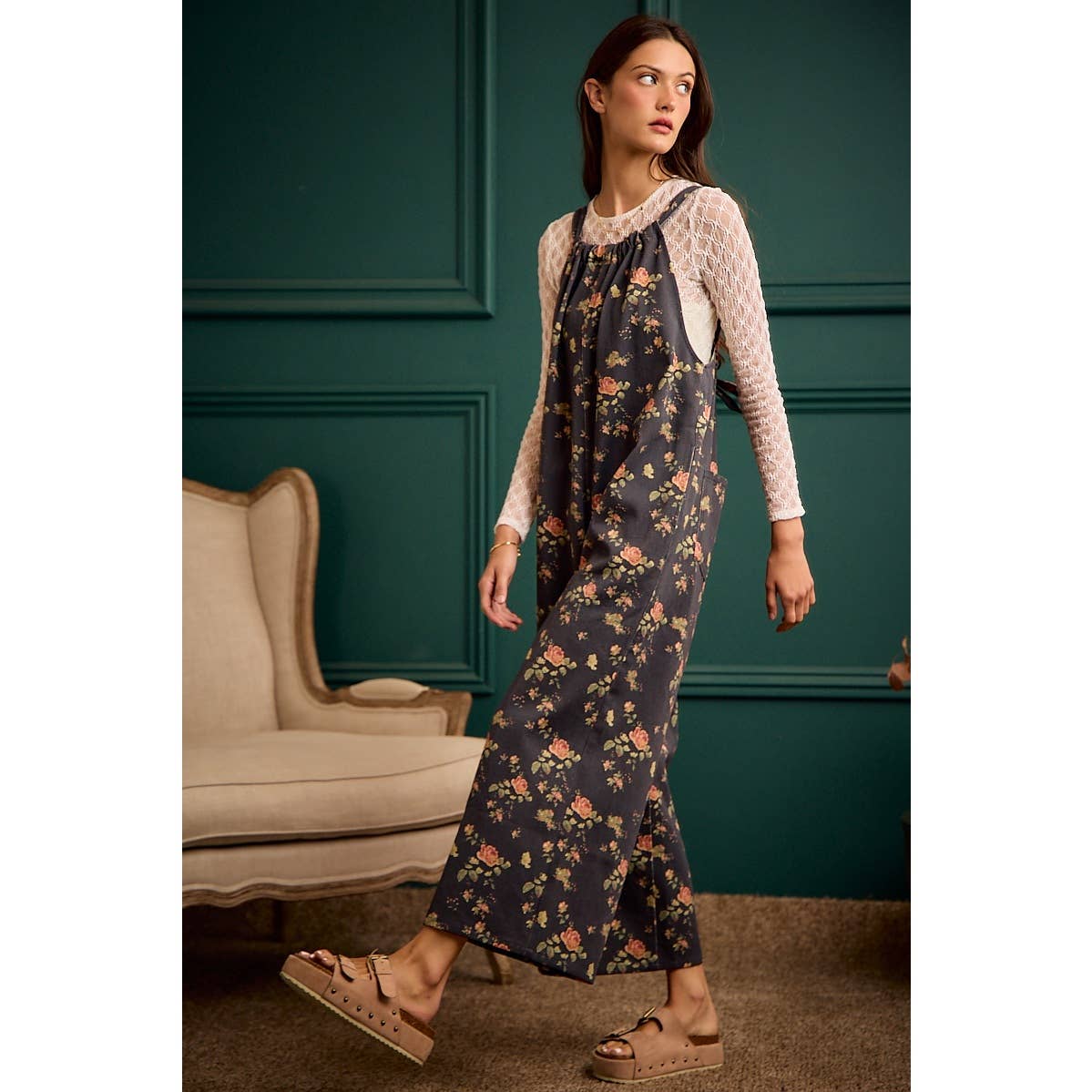 Floral Print Wide Leg Lightweight Jumpsuit