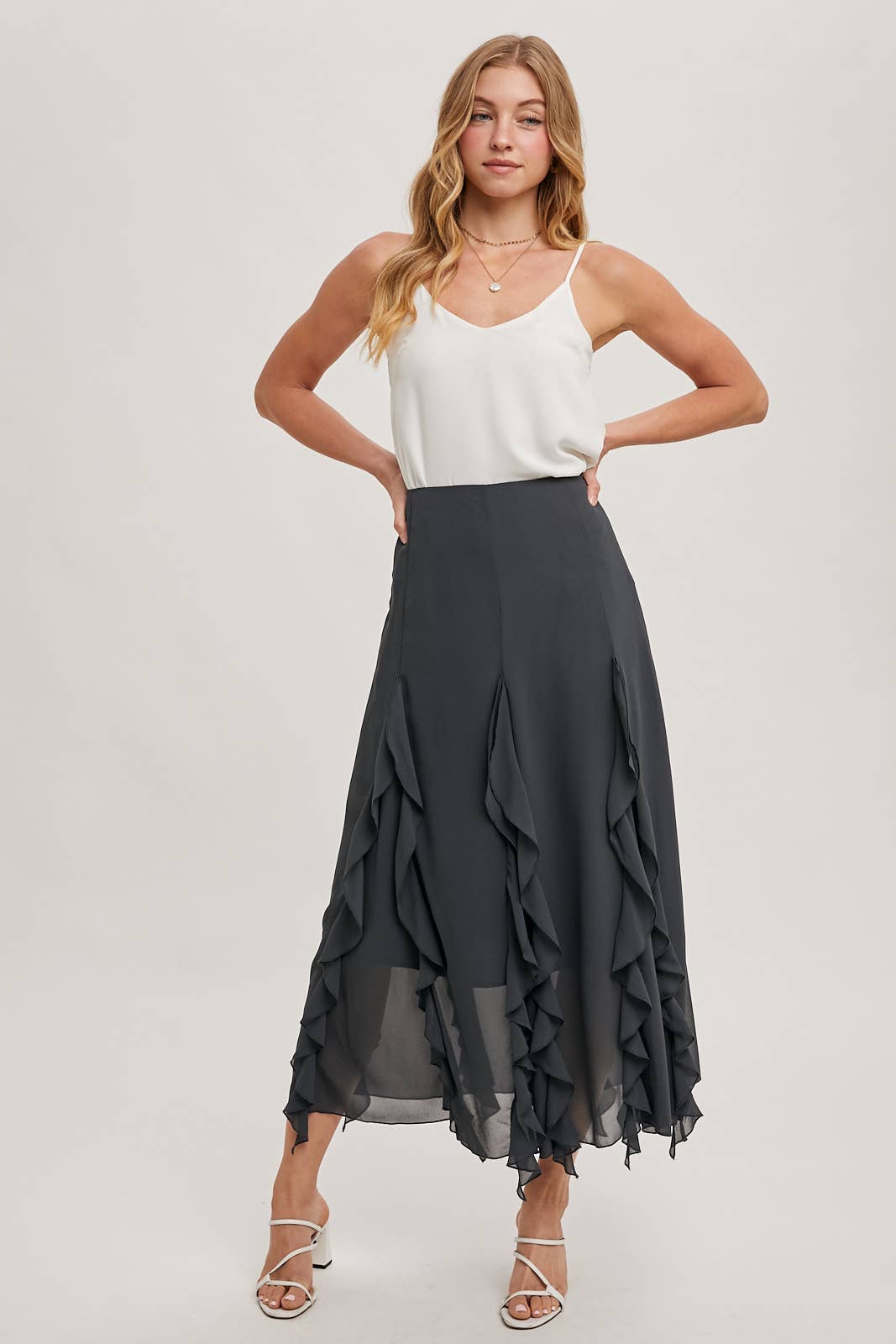 CHIFFON RUFFLED MAXI SKIRT WITH LINING Bluivy