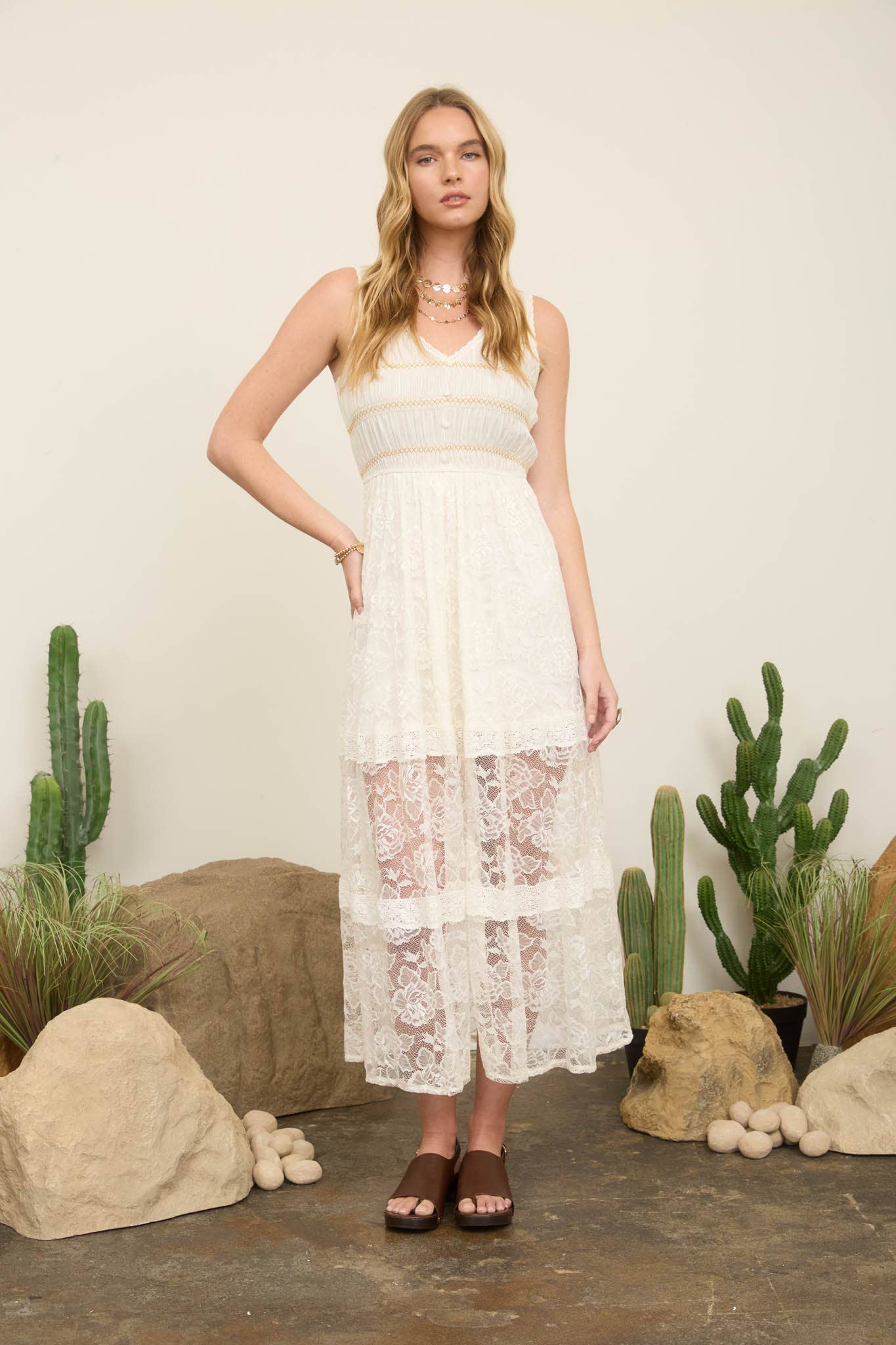 Blu Pepper Lace Sleeveless Shirred Mock Button Maxi Dress - 926 West