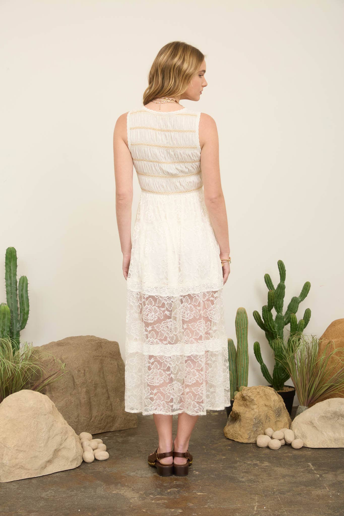 Blu Pepper Lace Sleeveless Shirred Mock Button Maxi Dress - 926 West