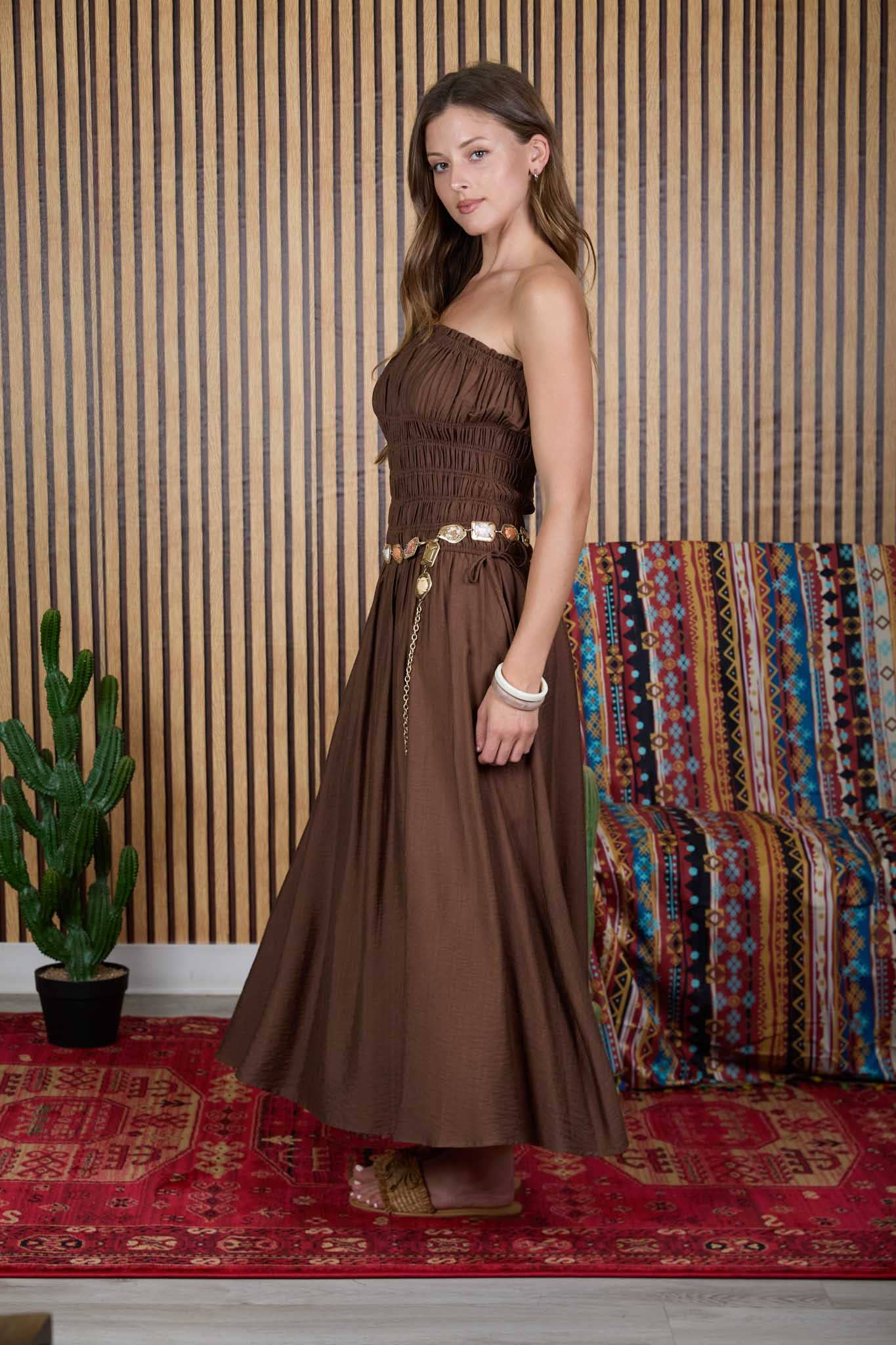 Blu Pepper Satin Strapless Shirred Side Tie Detail Midi Dress - 926 West