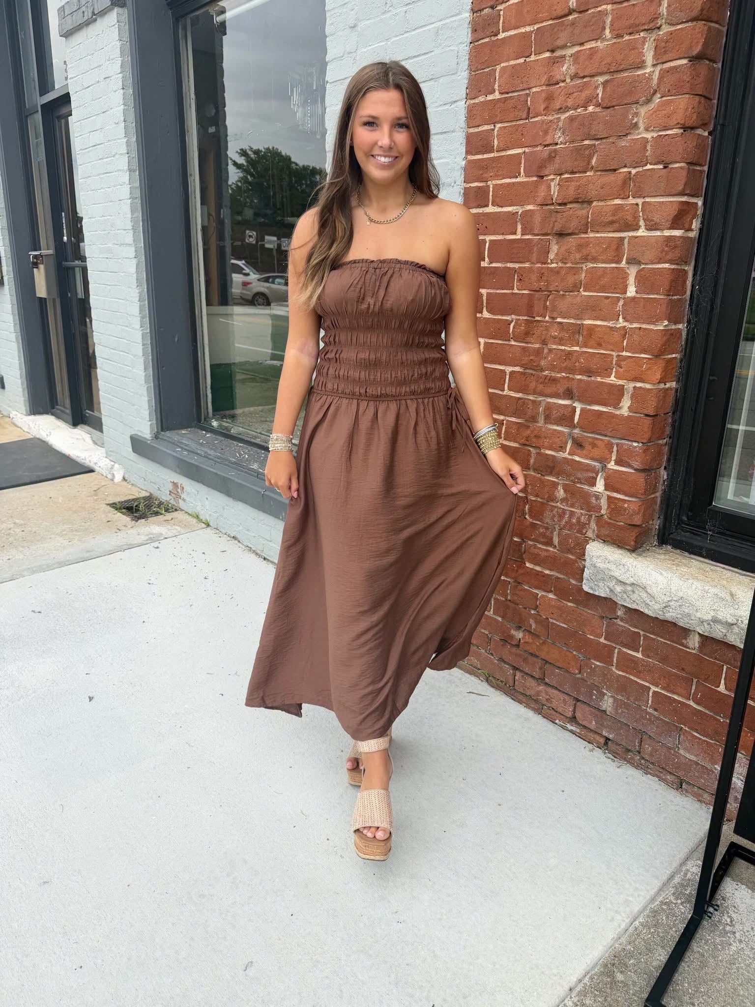 Blu Pepper Satin Strapless Shirred Side Tie Detail Midi Dress - 926 West